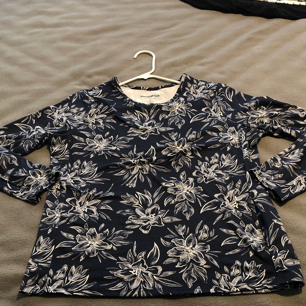 Hang Ten Navy & White Floral Long Sleeve Tee  UV Protection/UPF 50+ Size Large